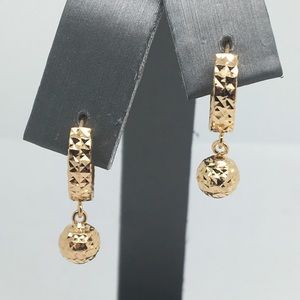 18K  solid Gold Hoop Dangling Diamond cut Ball Earrings